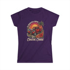 Women's Softstyle Tee Coastal cruise with hot rod ute and setting sun and frangipani hibiscus and palm tree botanical