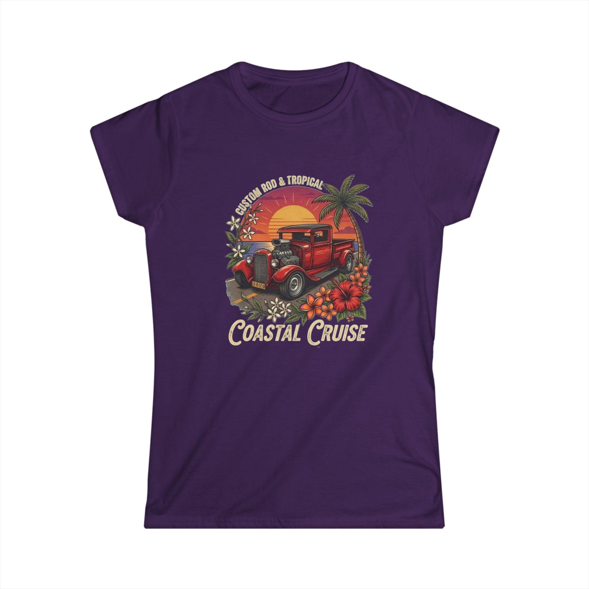 Women's Softstyle Tee Coastal cruise with hot rod ute and setting sun and frangipani hibiscus and palm tree botanical