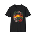 botanical custom car culture orange flames vintage car with  dark orange hibiscus, pink camillia and palm leaves