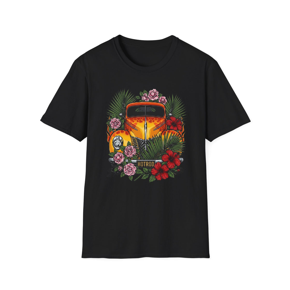 botanical custom car culture orange flames vintage car with  dark orange hibiscus, pink camillia and palm leaves