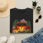 botanical custom car culture orange flames vintage car with  dark orange hibiscus, pink camillia and palm leaves