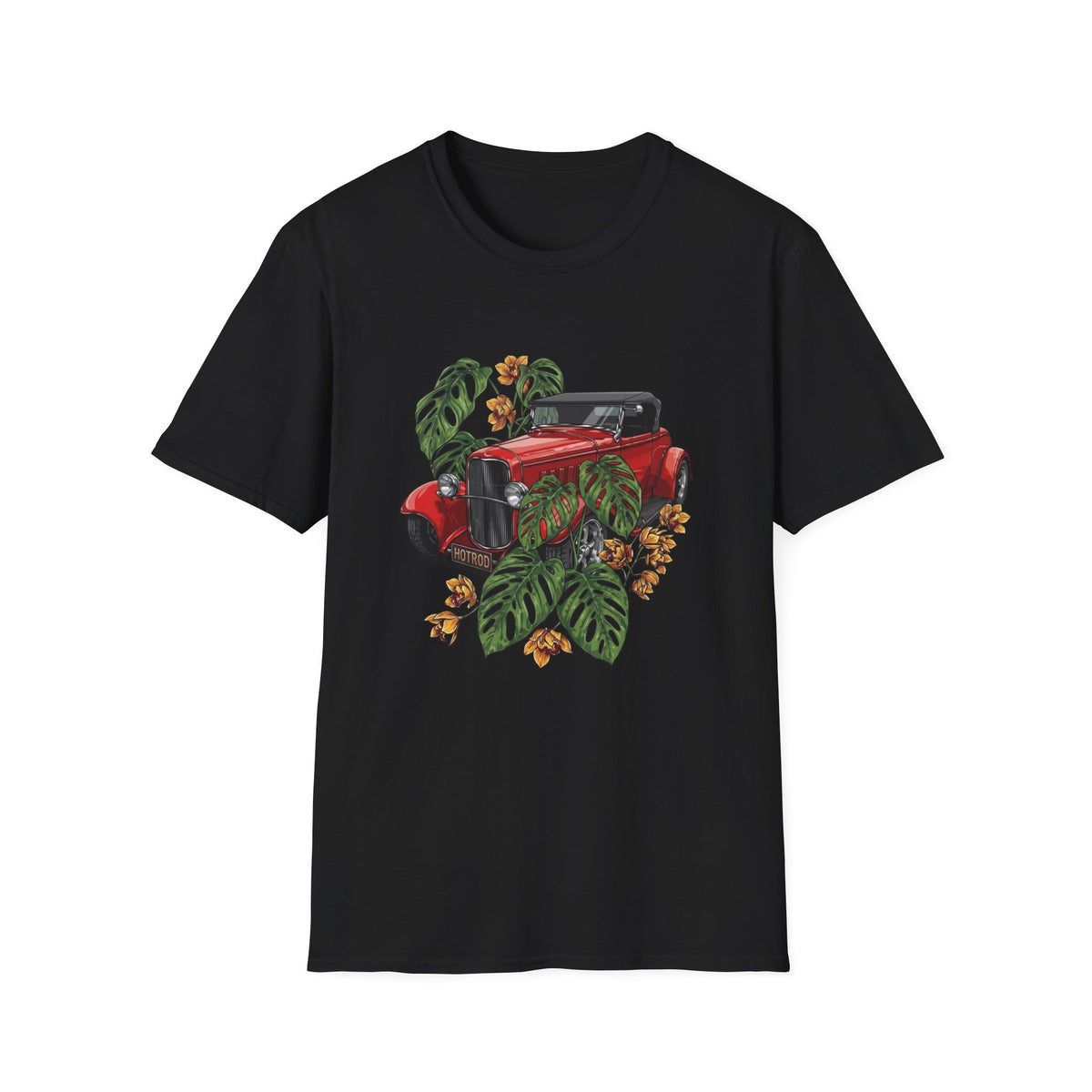 Vintage Red Car Tee — Retro Convertible with Tropical Leaves Graphic
