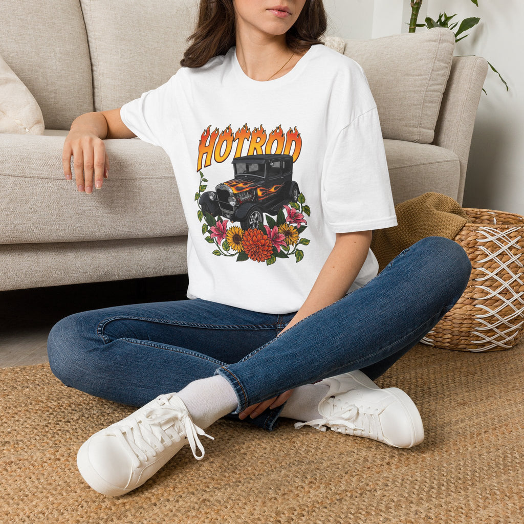 Botanical custom car culture with black flamed hotrod with Camilla and pothos