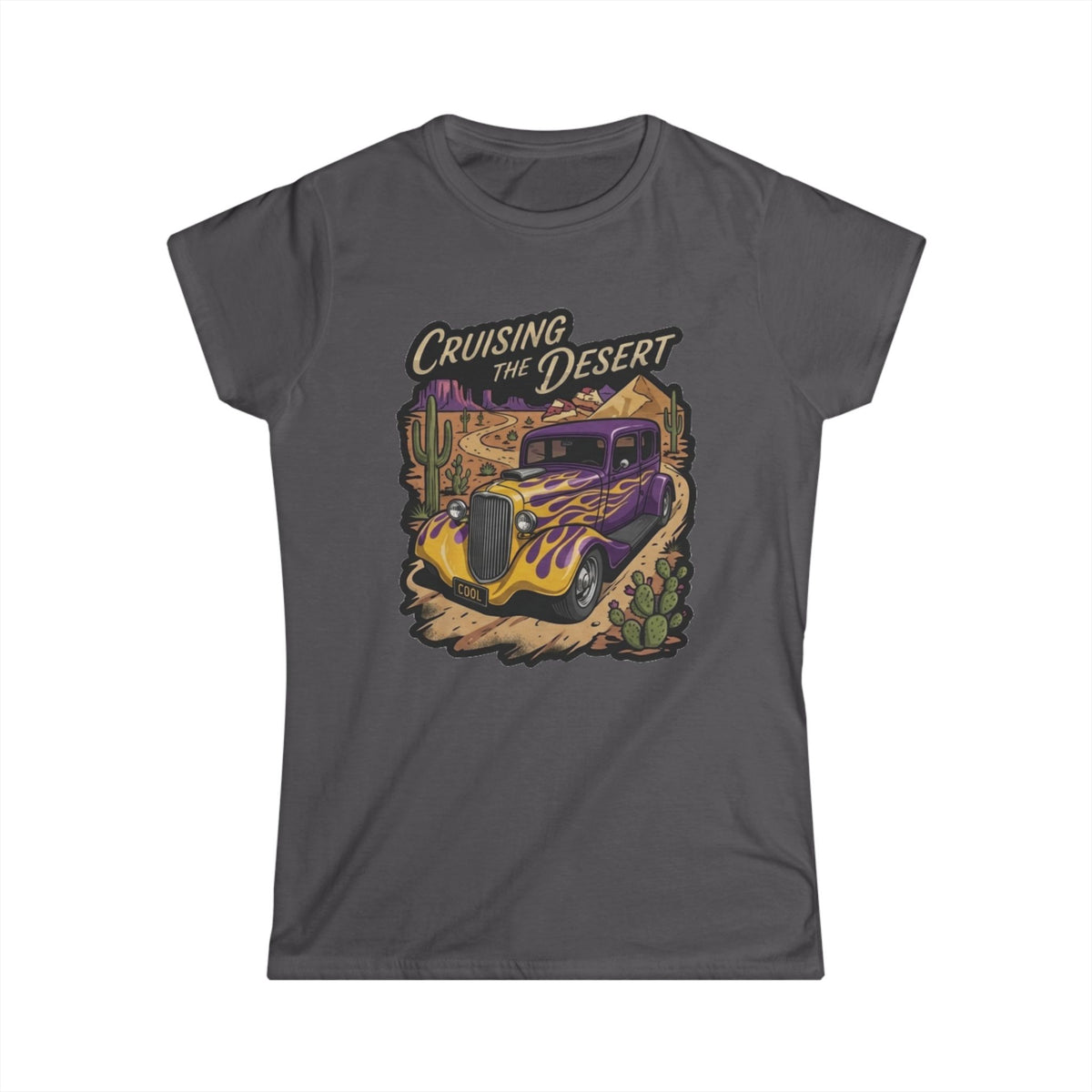 Crusing the desert with purple and gold flamed coupe desert scene and cactus botanical Blue Flames design Studio