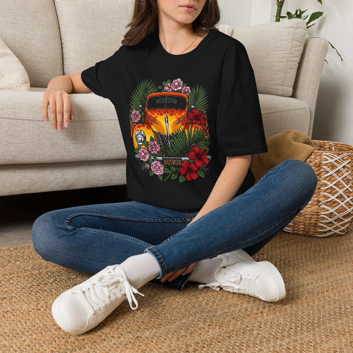 botanical custom car culture orange flames vintage car with  dark orange hibiscus, pink camillia and palm leaves