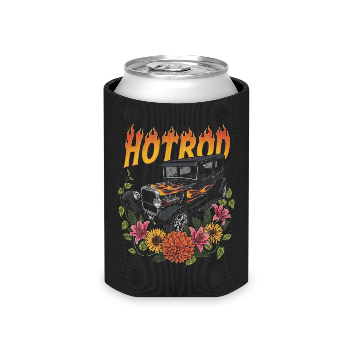 Can Cooler — Retro Hotrod Flames & Floral Vintage Car Koozie