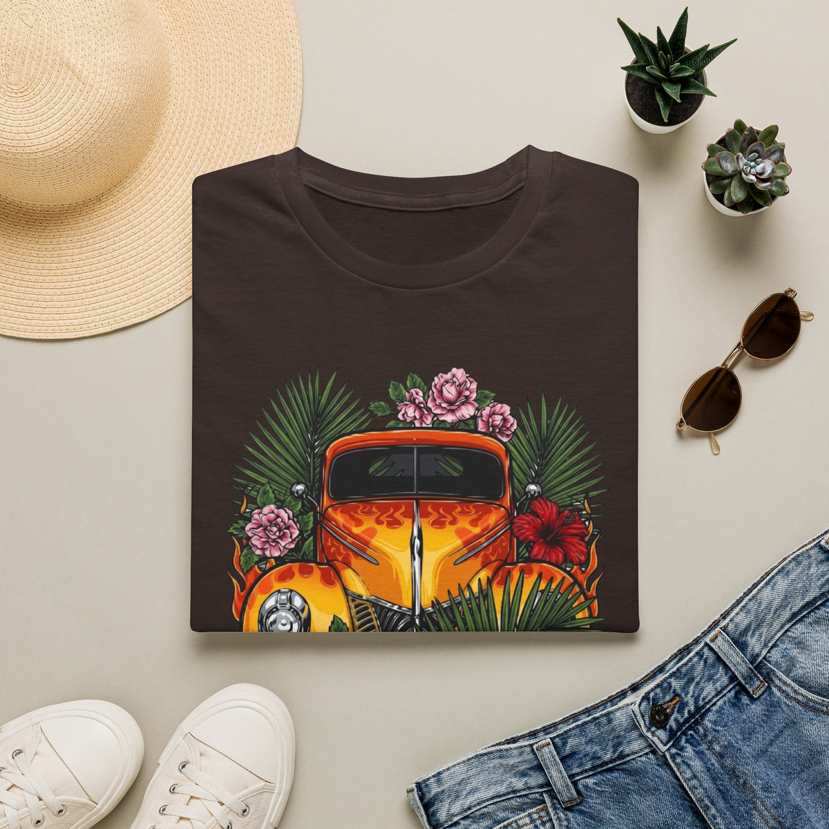 botanical custom car culture orange flames vintage car with  dark orange hibiscus, pink camillia and palm leaves
