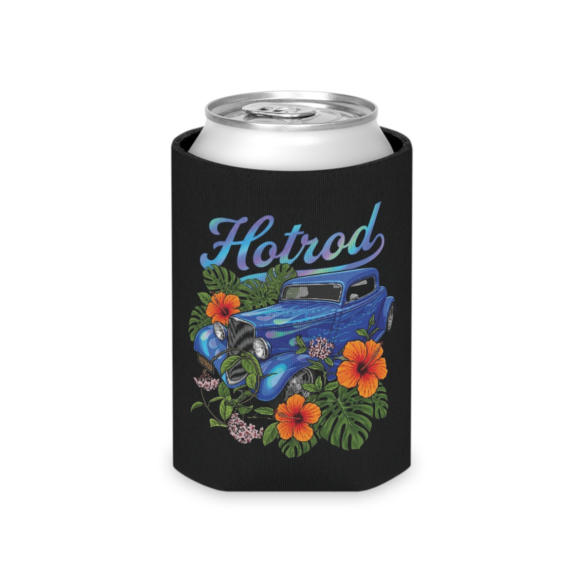 Hotrod Can Cooler — Vintage Blue Car Tropical Hibiscus Beverage Koozie
