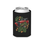 Can Cooler — Vintage Red Roadster with Tropical Leaves Drink Koozie
