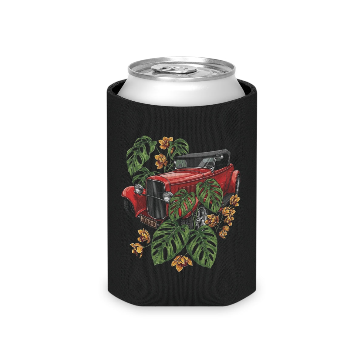 Can Cooler — Vintage Red Roadster with Tropical Leaves Drink Koozie