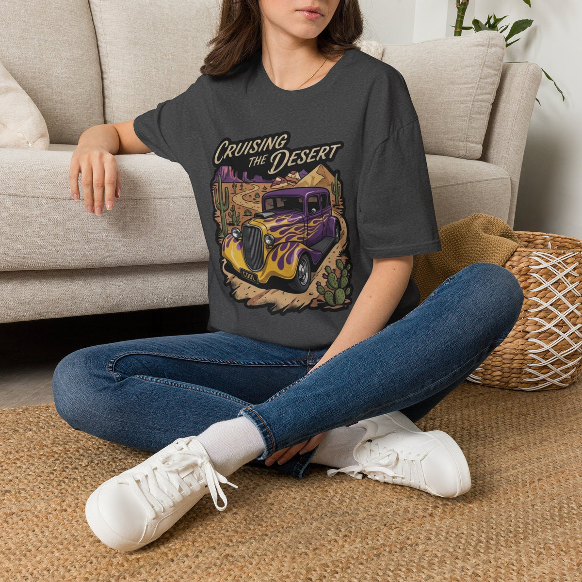 Cruising the Desert Vintage Car T-Shirt with cactus botanicals