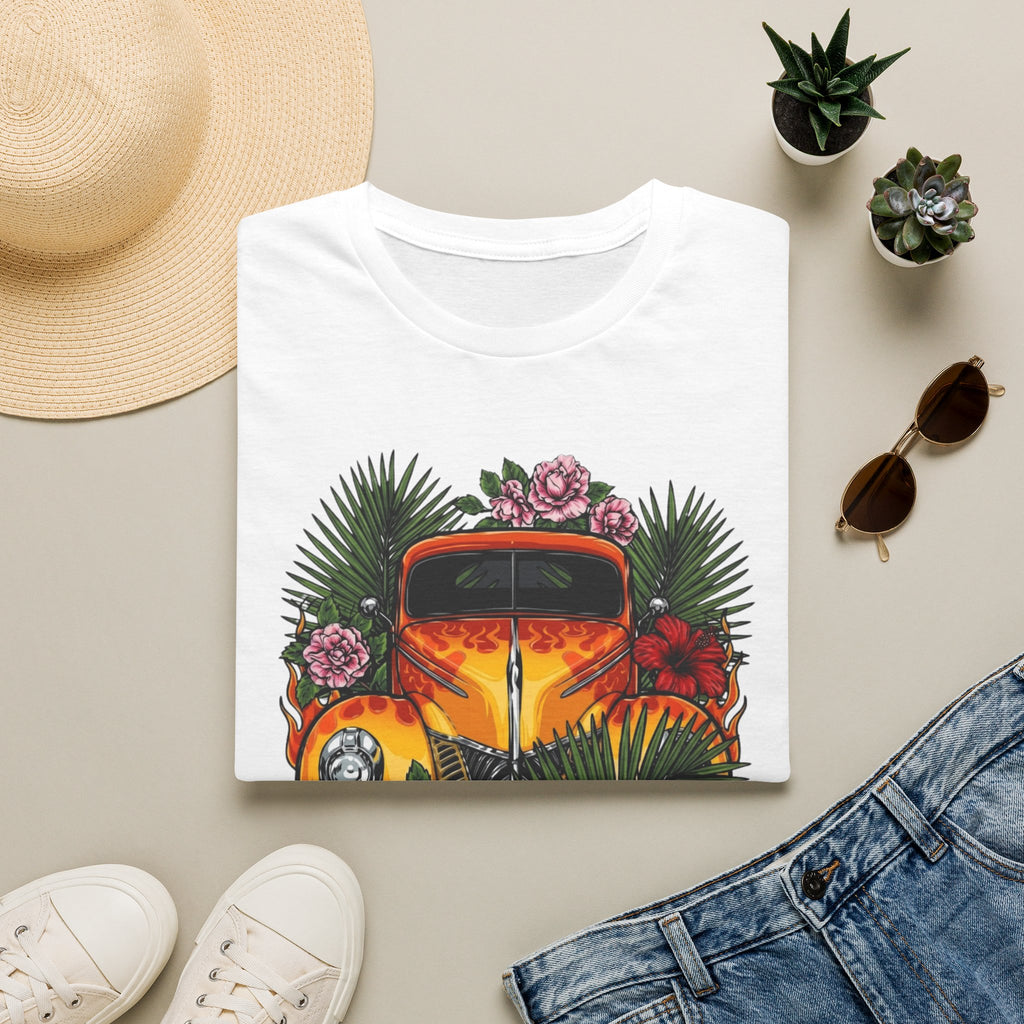 botanical custom car culture orange flames vintage car with  dark orange hibiscus, pink camillia and palm leaves