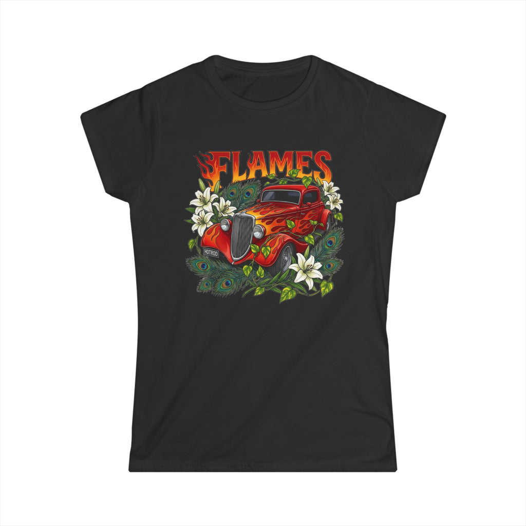 softstyle tee Custom Vintage orange flamed hotrod with white lillies, botanicals peacock feathers.
