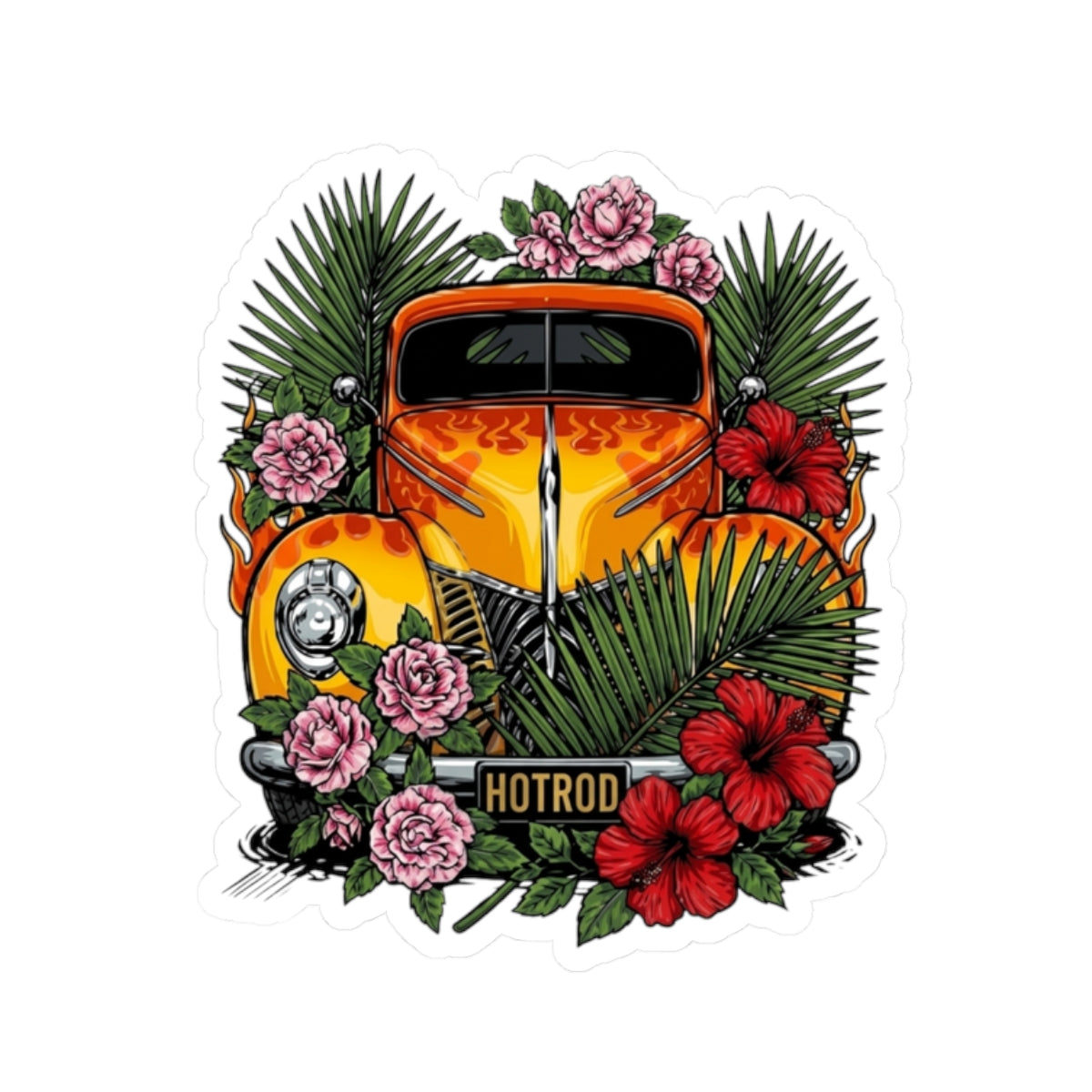 Hot Rod Floral Sticker — Vintage Orange Car with Hibiscus & Palms