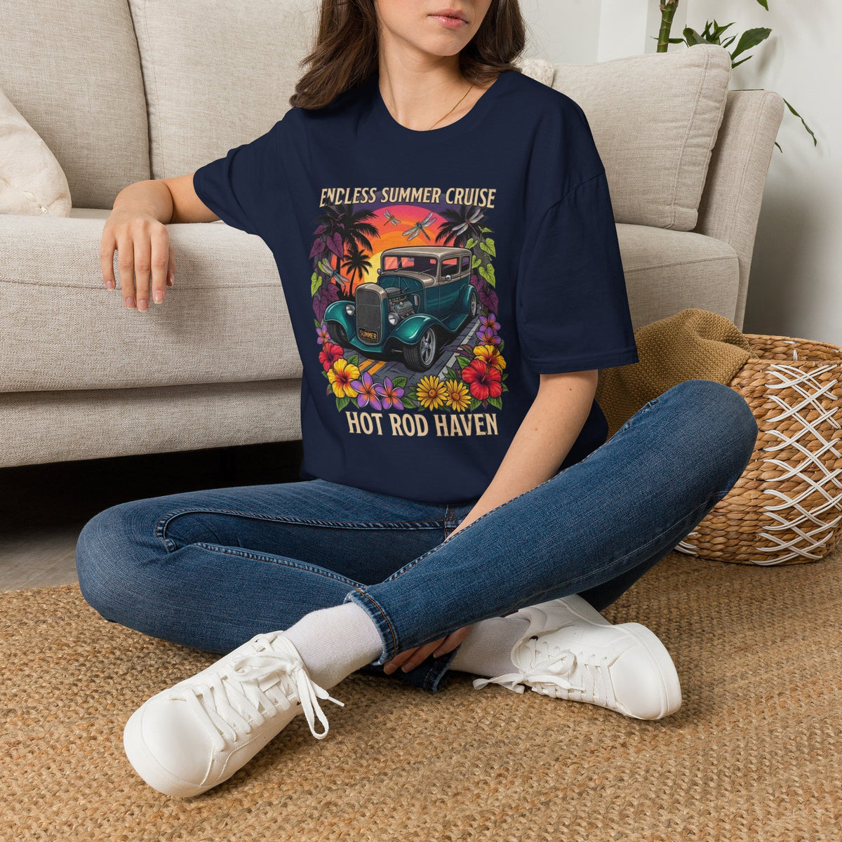 Vintage Hot Rod T-Shirt — "Endless Summer Cruise" Retro Car Sunset Tee with tropical botanicals