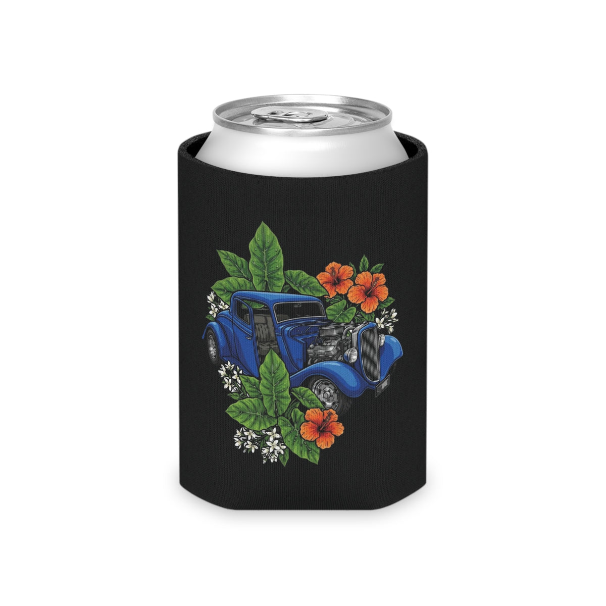 Classic Car Can Cooler — Vintage Blue Hot Rod with Tropical Flowers