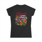Softstyle Tee Vintage silver hotrod car with maroon flames, monstera leaves and orange hibiscus.