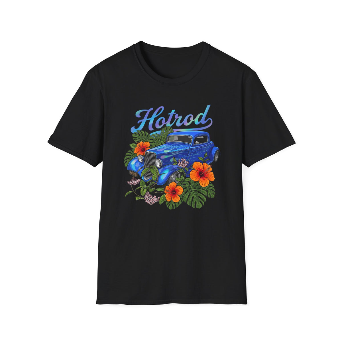 Botanical custom car culture Blue vintage car with flames and Orange hibiscus, monstera monkey mask and hoya vine.