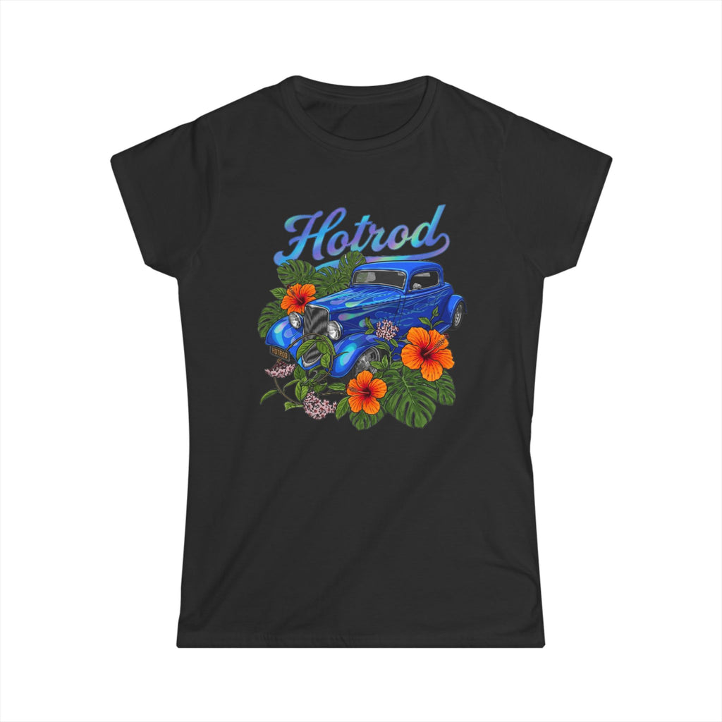 Softstyle Tee Vintage blue hotrod car with blue flames, monstera leaves and orange hibiscus.
