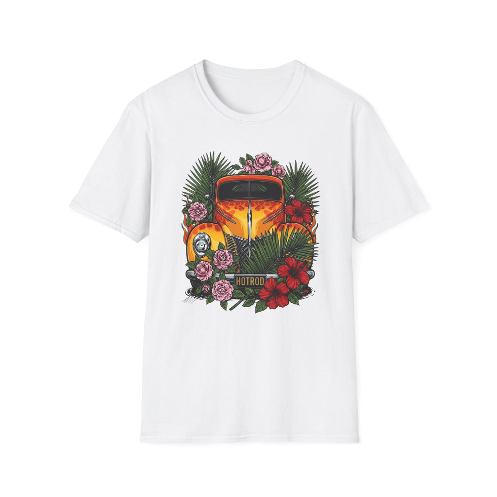 botanical custom car culture orange flames vintage car with  dark orange hibiscus, pink camillia and palm leaves