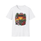 botanical custom car culture orange flames vintage car with  dark orange hibiscus, pink camillia and palm leaves
