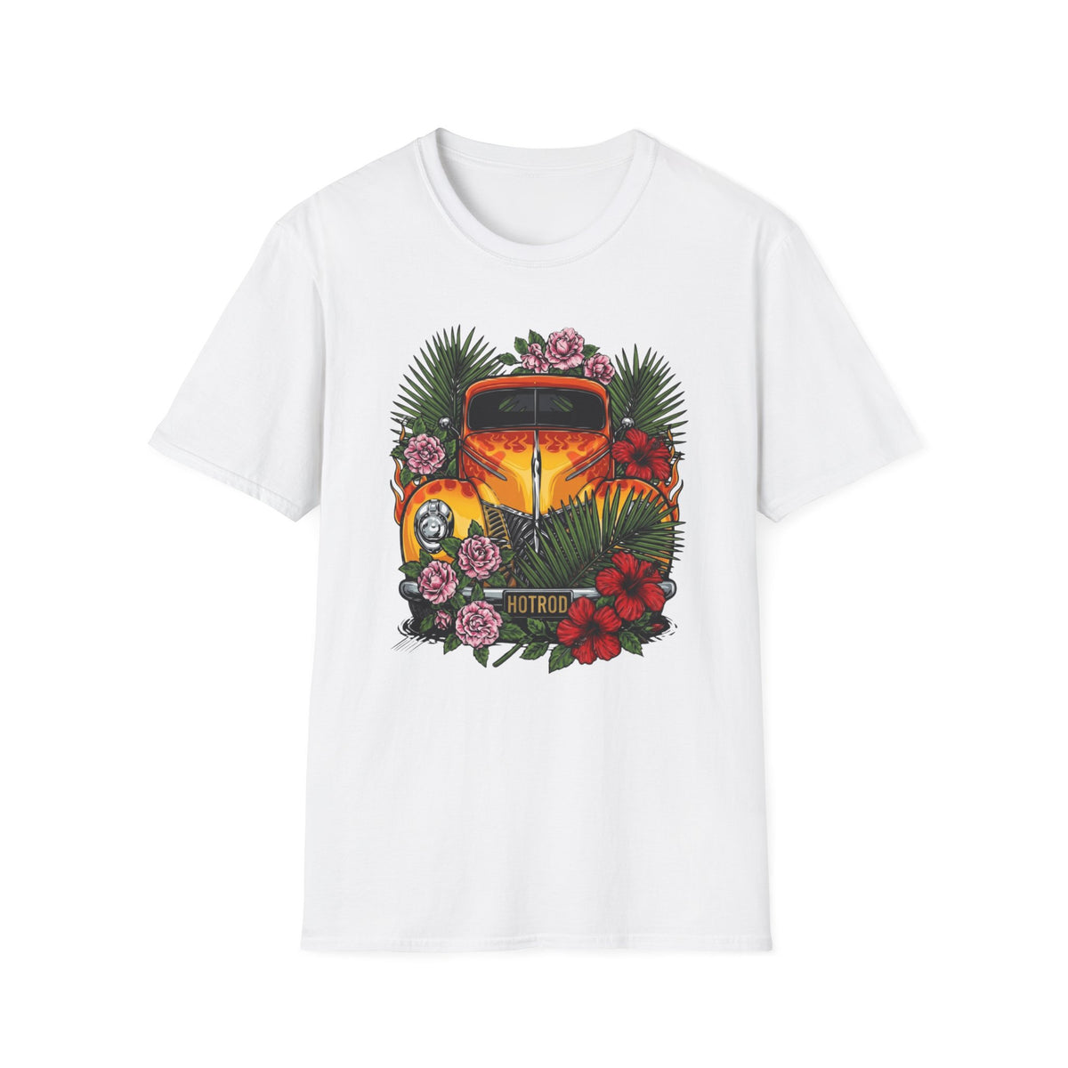 botanical custom car culture orange flames vintage car with  dark orange hibiscus, pink camillia and palm leaves