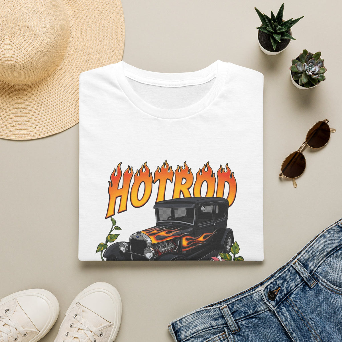 Botanical custom car culture with black flamed hotrod with Camilla and pothos