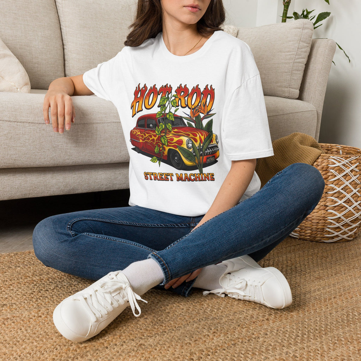 Botanical vintage custom car culture orange car with yellow flames and goldern pothos and bird of paradise