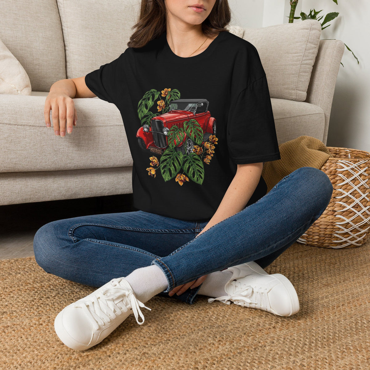 Vintage Red Car Tee — Retro Convertible with Tropical Leaves Graphic