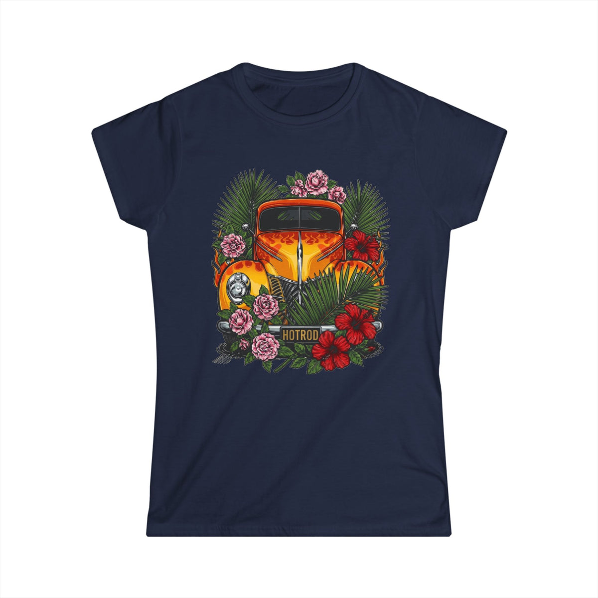 Women's Tee — Classic orange vintage hotrod with flames