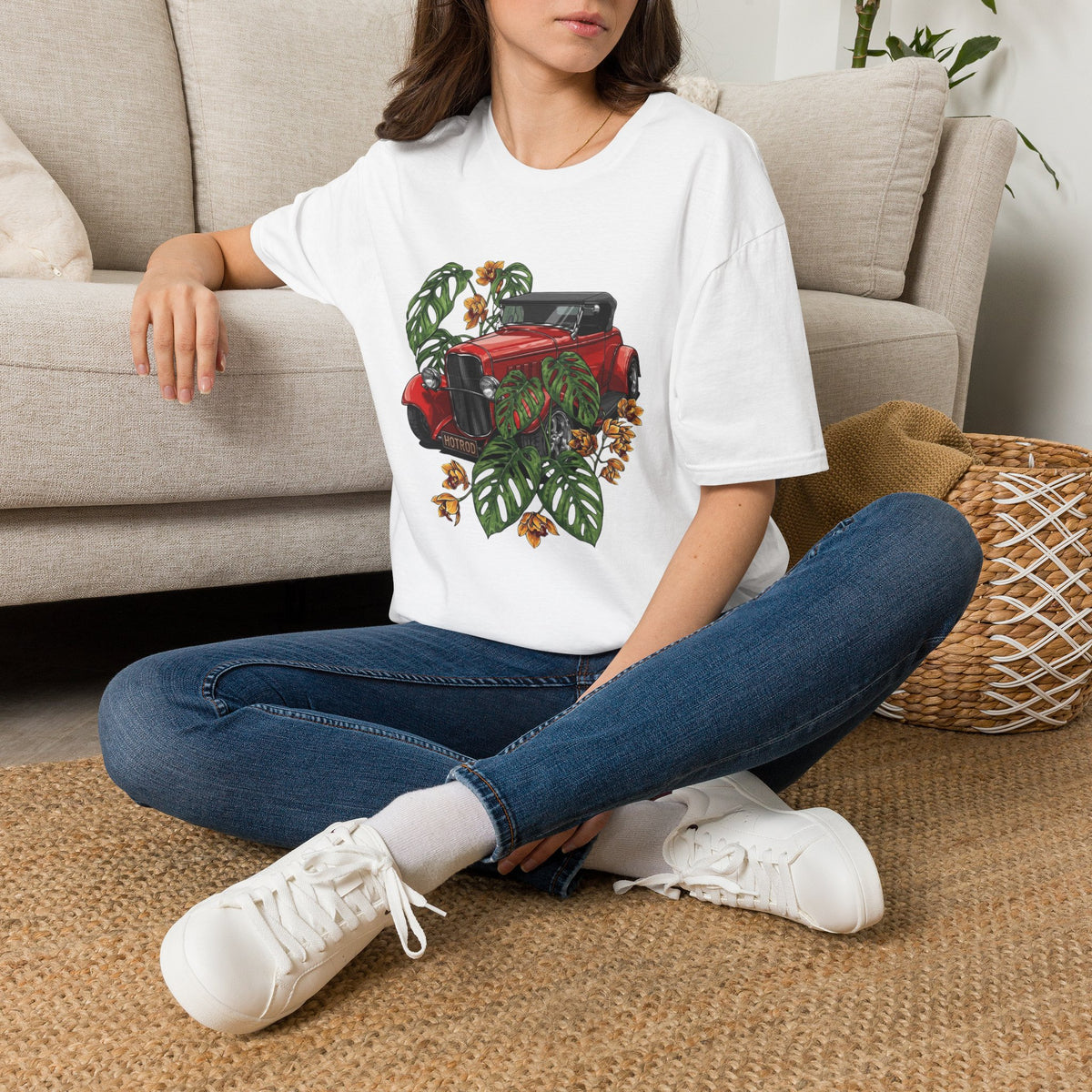 Vintage Red Car Tee — Retro Convertible with Tropical Leaves Graphic