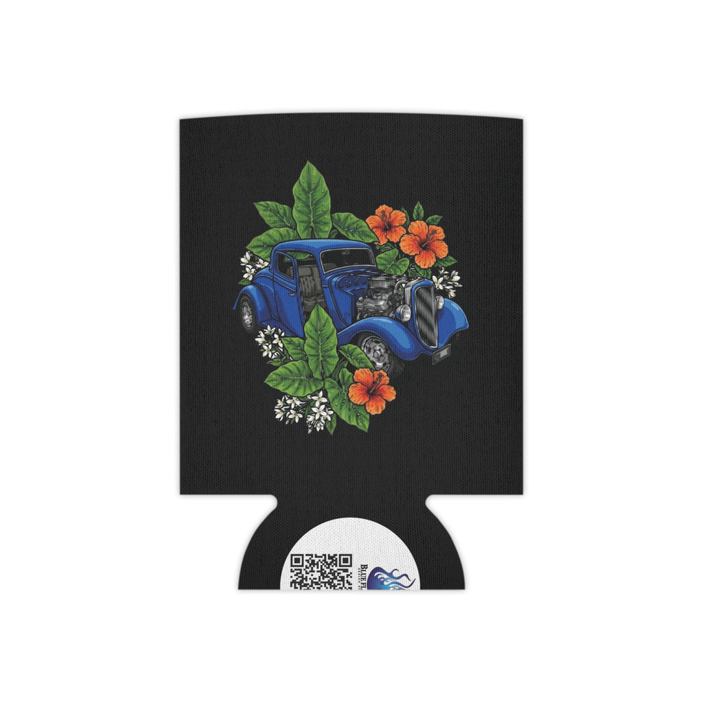 Classic Car Can Cooler — Vintage Blue Hot Rod with Tropical Flowers