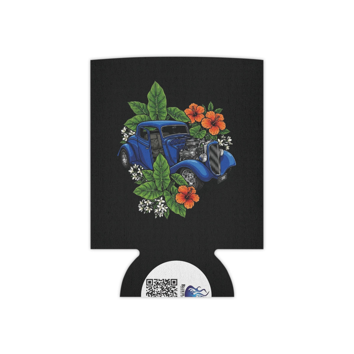 Classic Car Can Cooler — Vintage Blue Hot Rod with Tropical Flowers