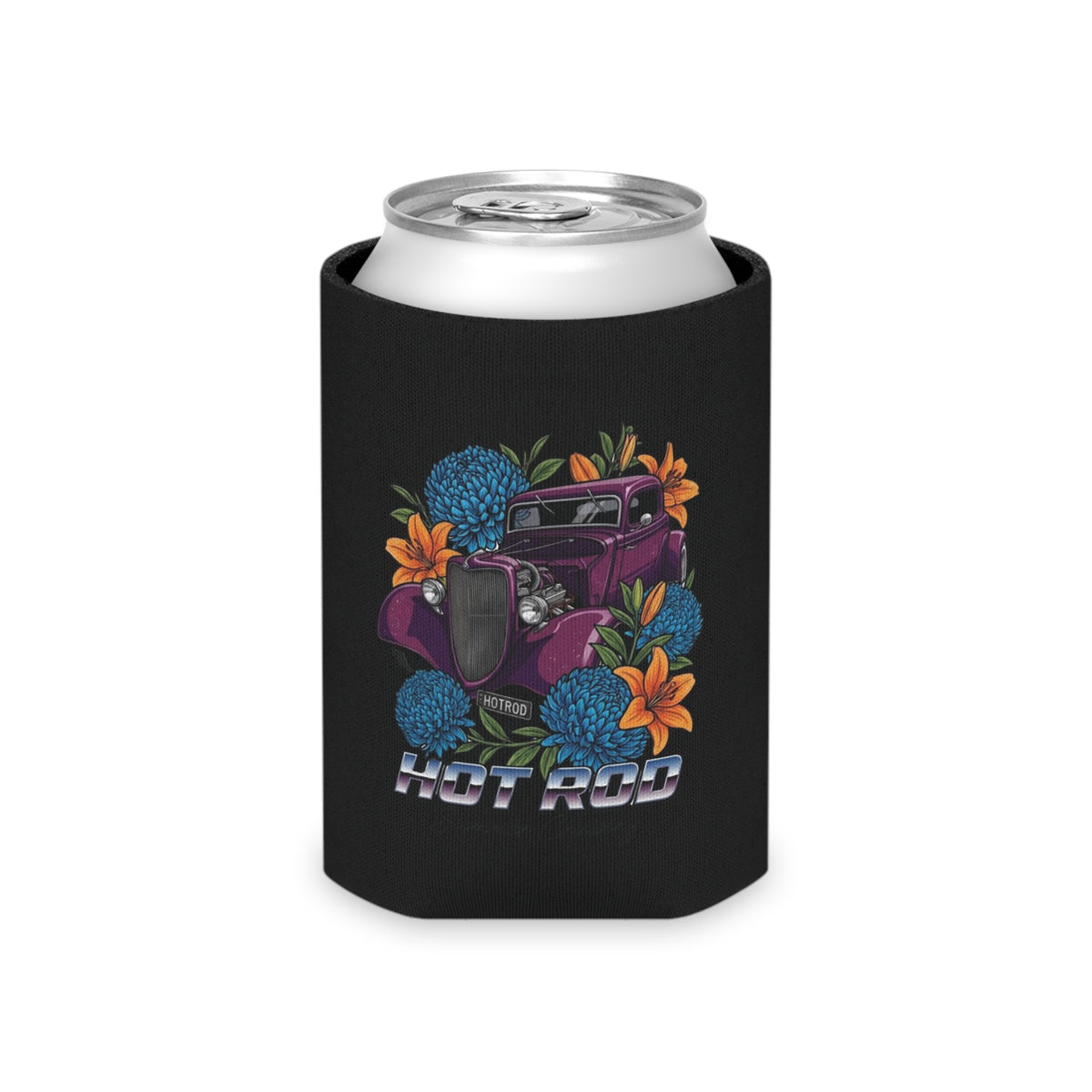 Hot Rod Can Cooler — Vintage Car Floral Beverage Koozie