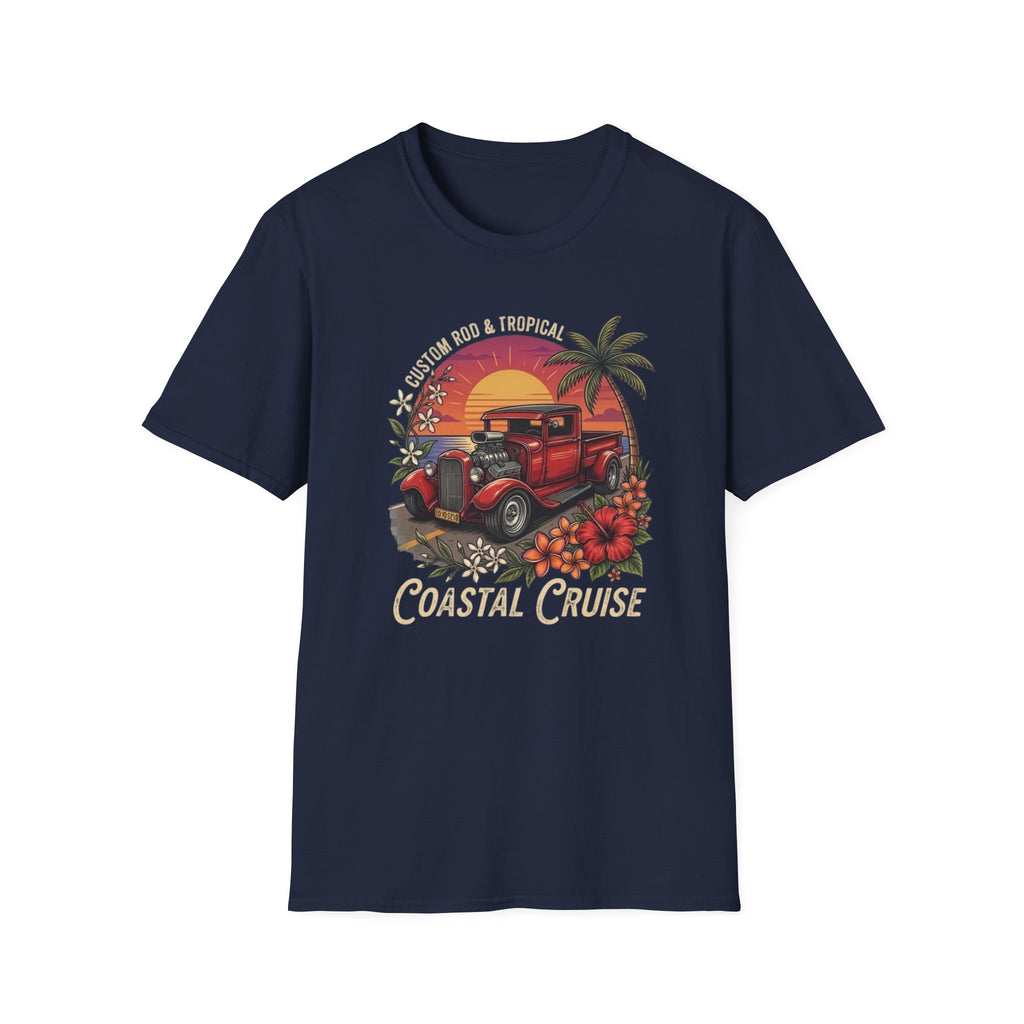 Coastal Cruise Vintage Car T‑Shirt — Retro Sunset Tropical Road Trip Tee