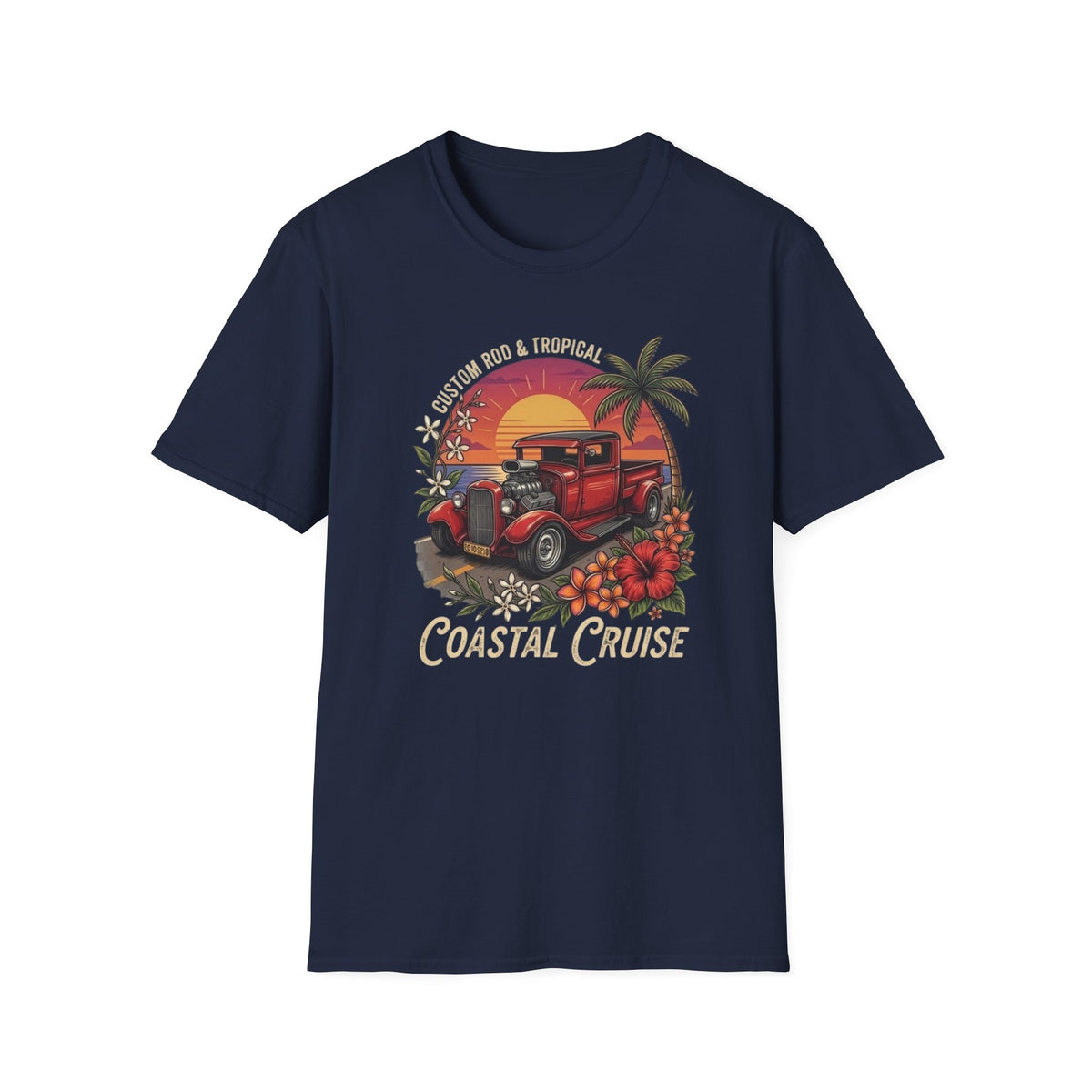 Coastal Cruise Vintage Car T‑Shirt — Retro Sunset Tropical Road Trip Tee