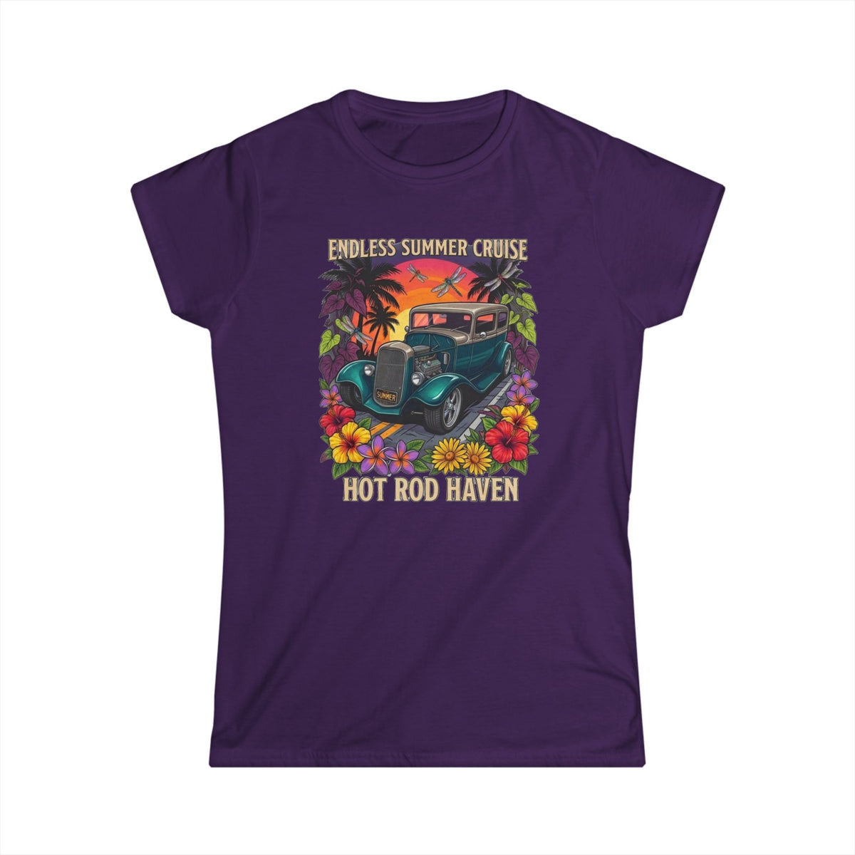 Classic Softstyle Women's T-Shirt 13 Endless summer cruse hot rod haven sunset, drangon flies and tropical botanical