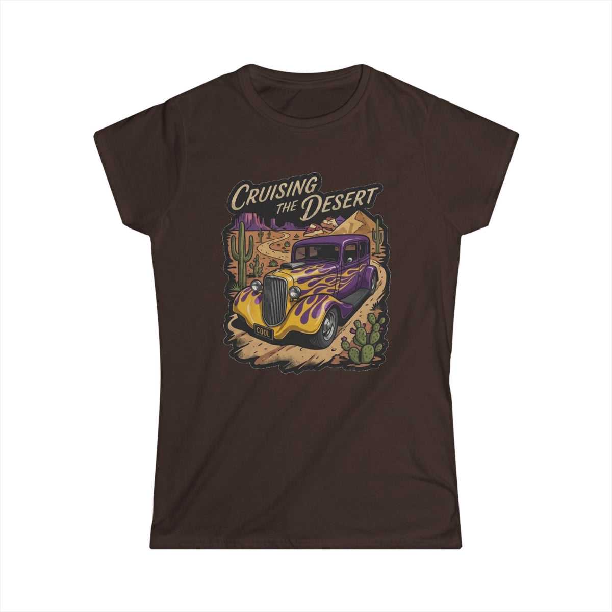 Crusing the desert with purple and gold flamed coupe desert scene and cactus botanical Blue Flames design Studio