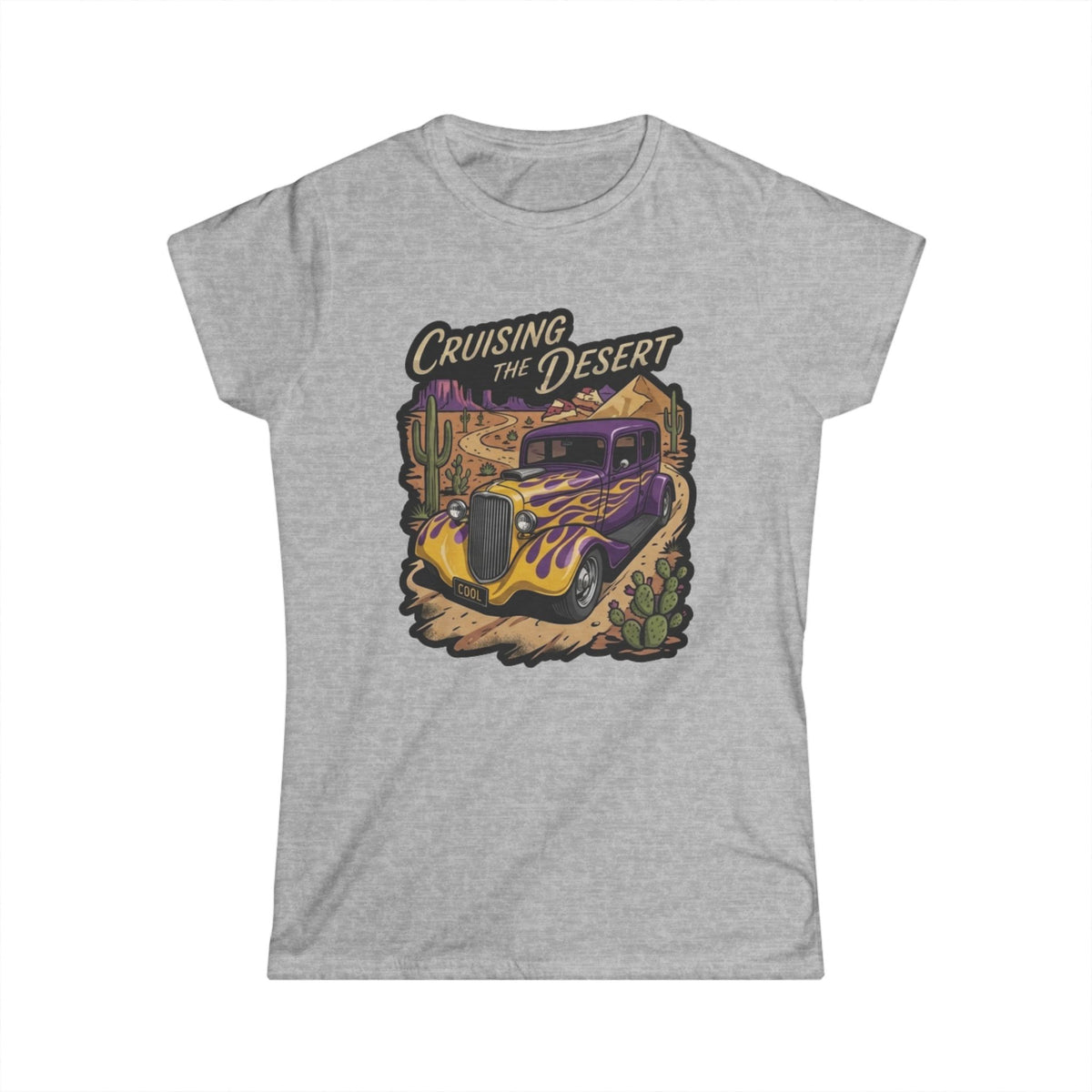 Crusing the desert with purple and gold flamed coupe desert scene and cactus botanical Blue Flames design Studio