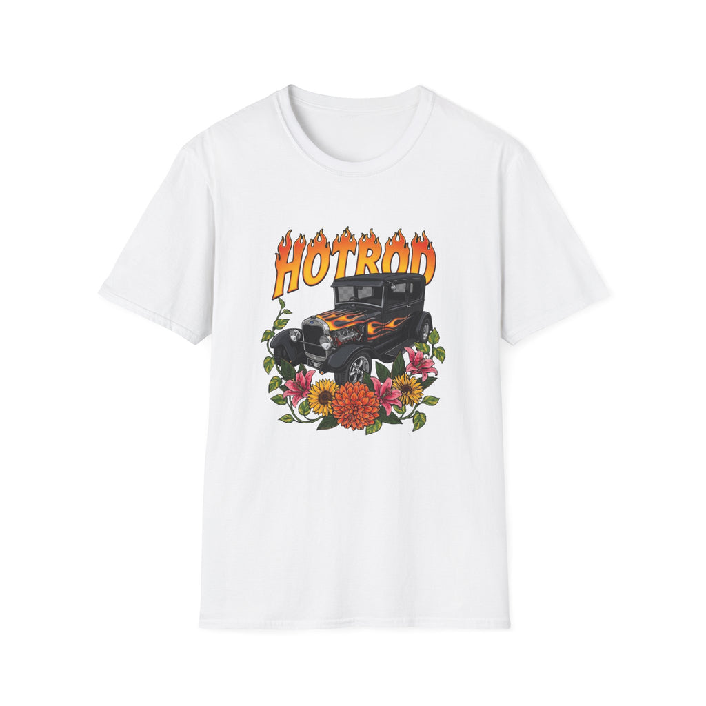Botanical custom car culture with black flamed hotrod with Camilla and pothos