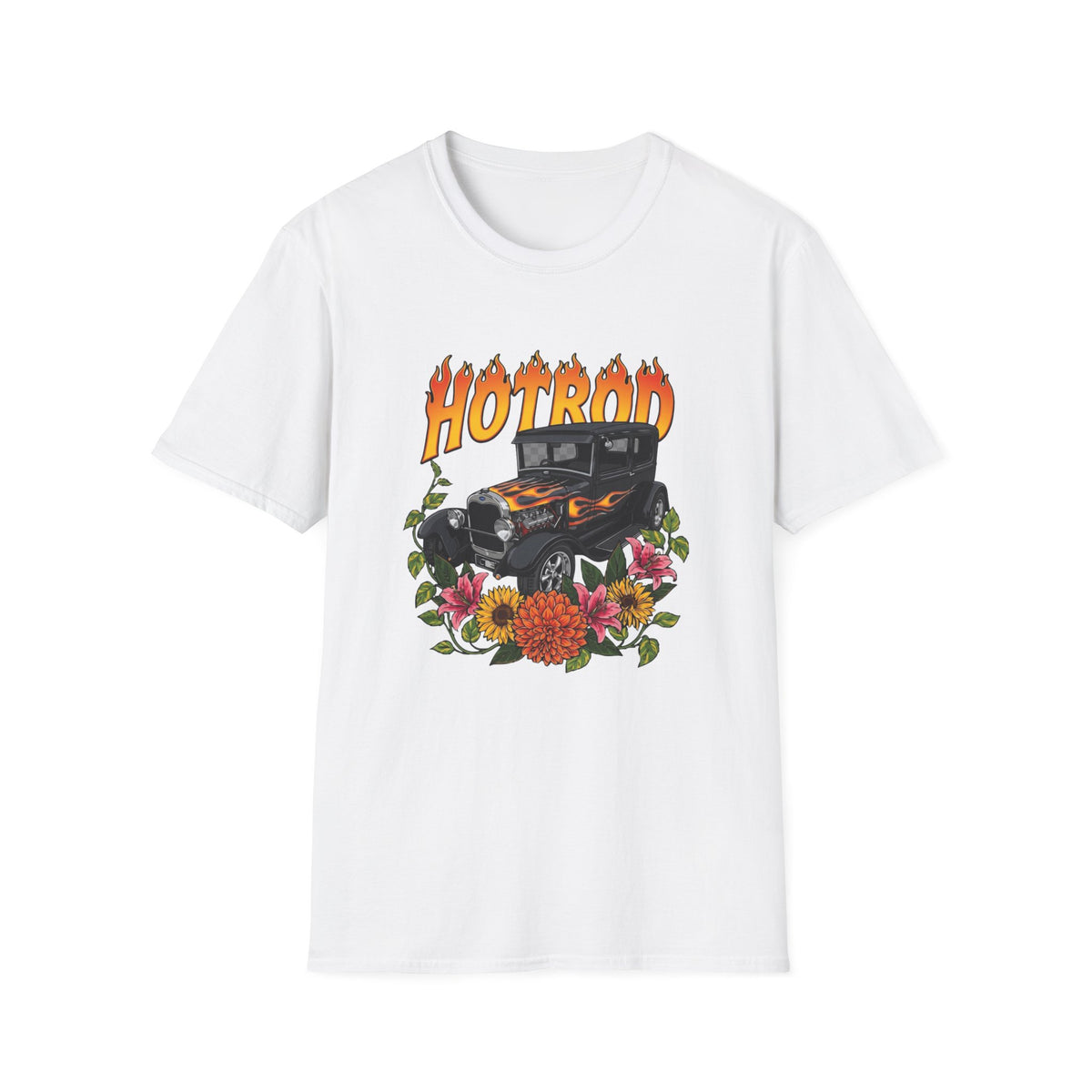 Botanical custom car culture with black flamed hotrod with Camilla and pothos