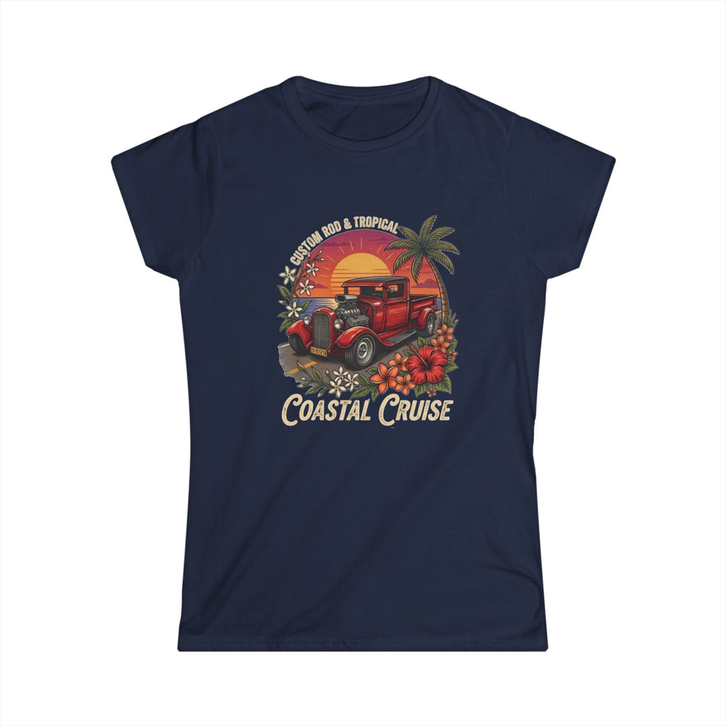 Women's Softstyle Tee Coastal cruise with hot rod ute and setting sun and frangipani hibiscus and palm tree botanical