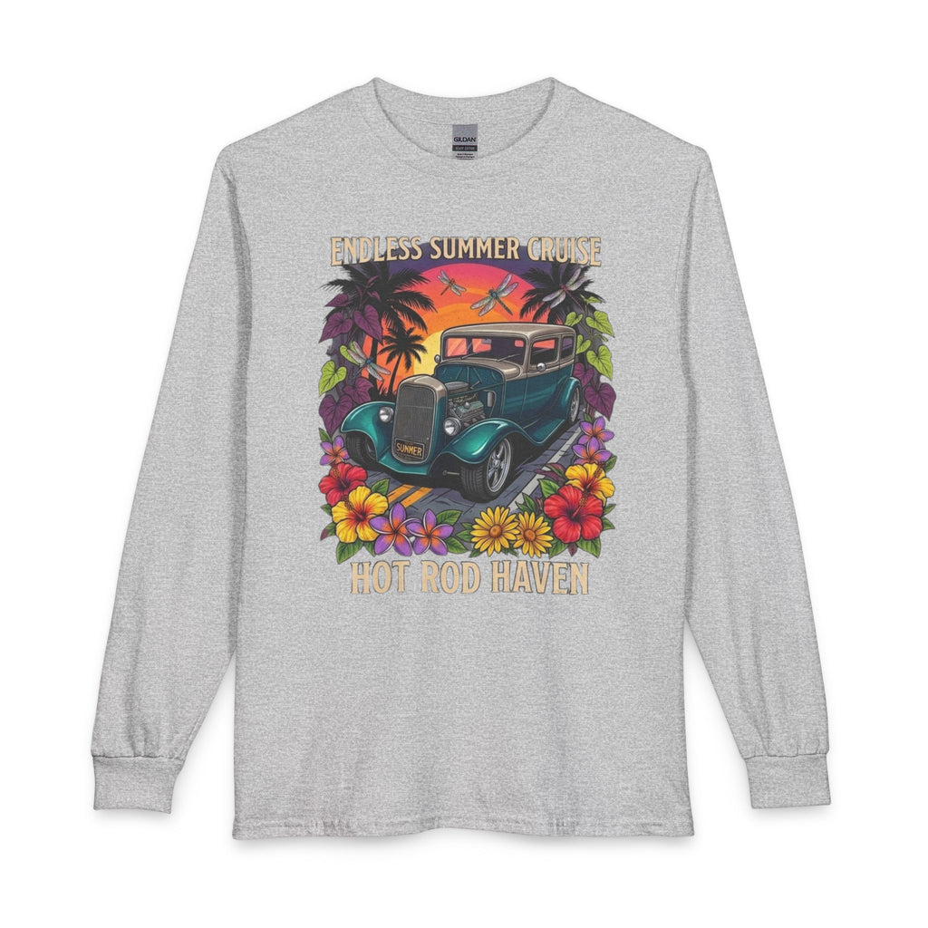 Hot Rod Haven Long Sleeve Tee — “Endless Summer Cruise” Vintage Car Beach Shirt with botanicals