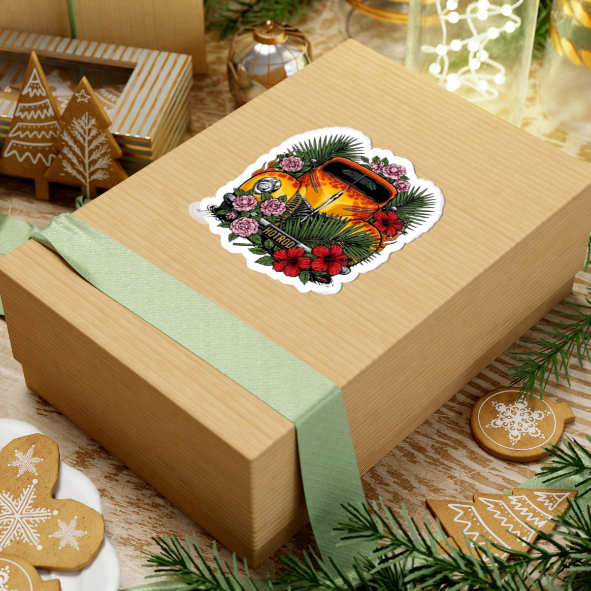 Hot Rod Floral Sticker — Vintage Orange Car with Hibiscus & Palms