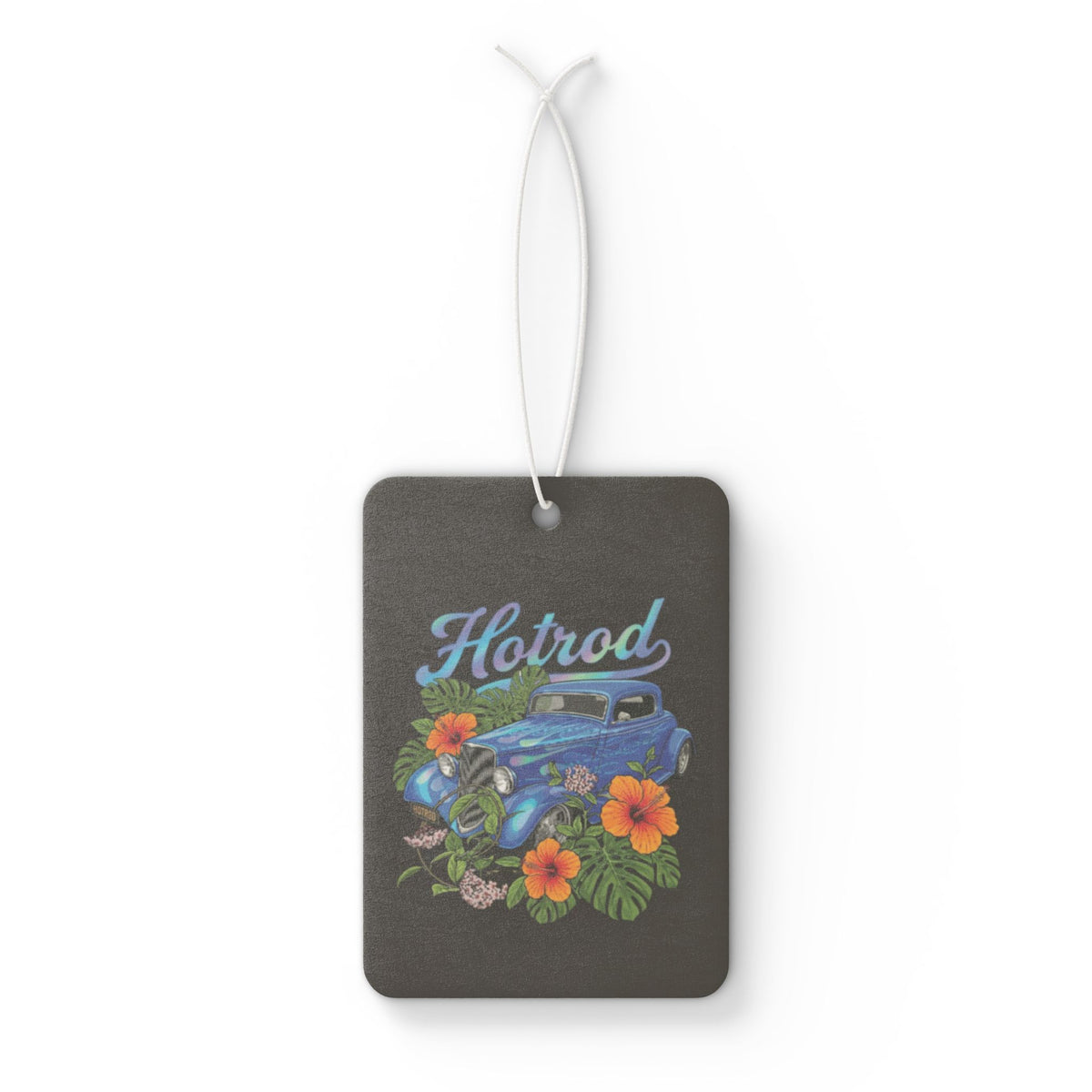 Hotrod Vintage Car Air Freshener — Retro Blue Car with Tropical Flowers