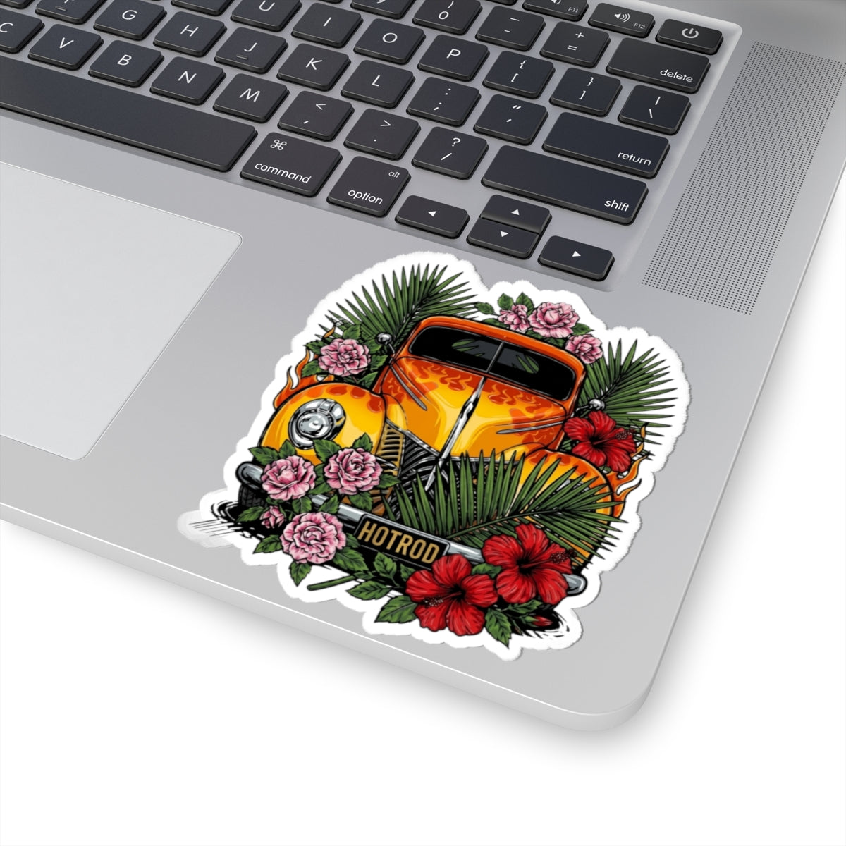 Hot Rod Floral Sticker — Vintage Orange Car with Hibiscus & Palms