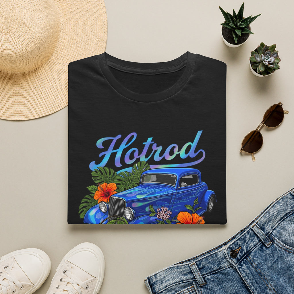 Botanical custom car culture Blue vintage car with flames and Orange hibiscus, monstera monkey mask and hoya vine.