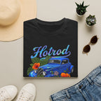 Botanical custom car culture Blue vintage car with flames and Orange hibiscus, monstera monkey mask and hoya vine.