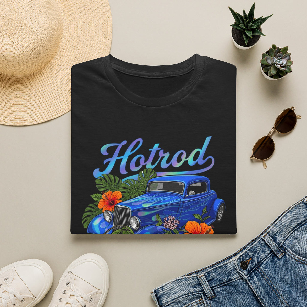 Botanical custom car culture Blue vintage car with flames and Orange hibiscus, monstera monkey mask and hoya vine.