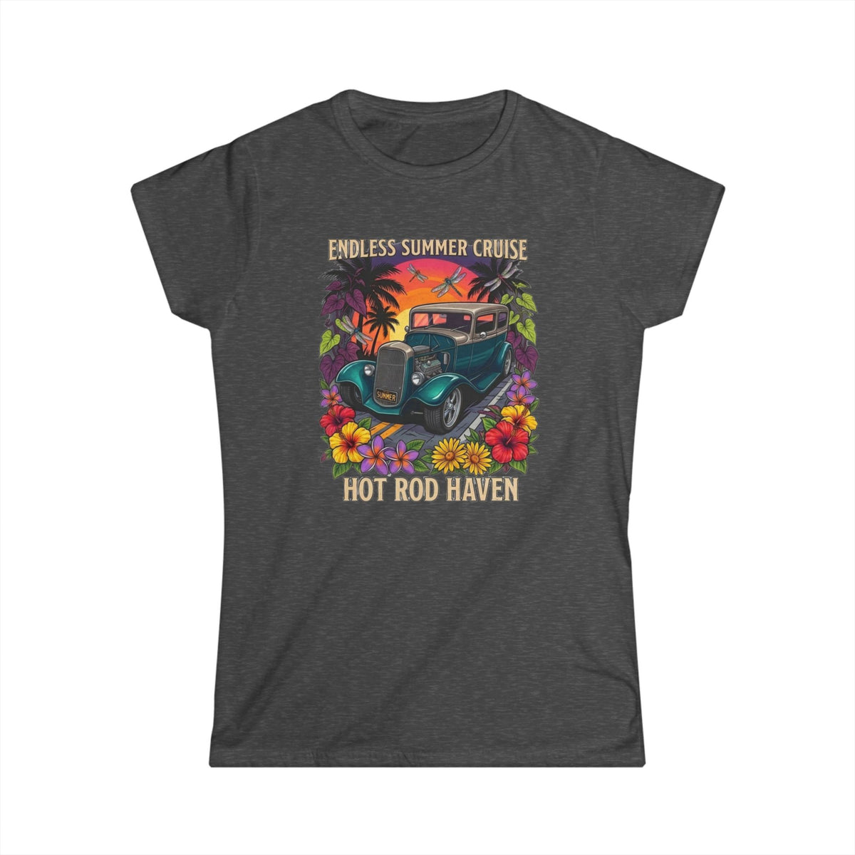 Classic Softstyle Women's T-Shirt 13 Endless summer cruse hot rod haven sunset, drangon flies and tropical botanical